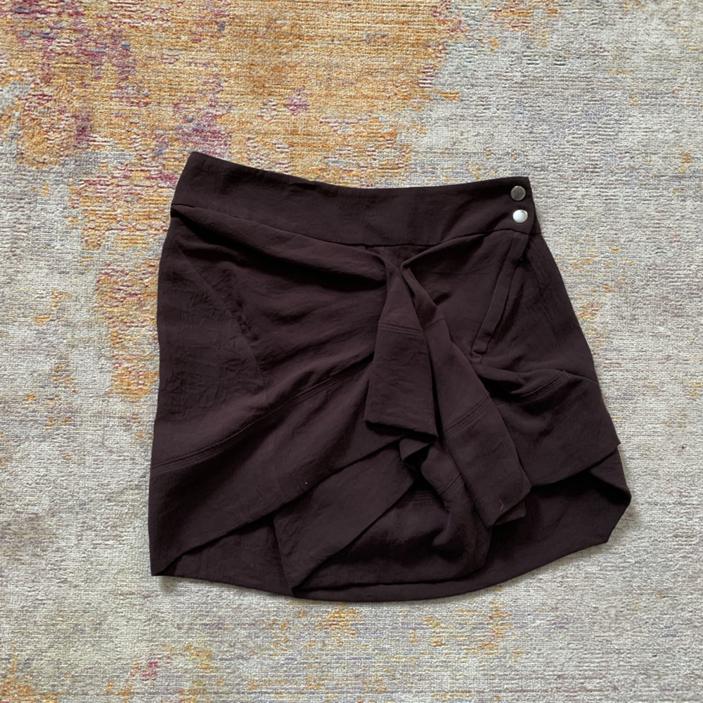 Iro crepe draped asymmetric burgundy mini skirt